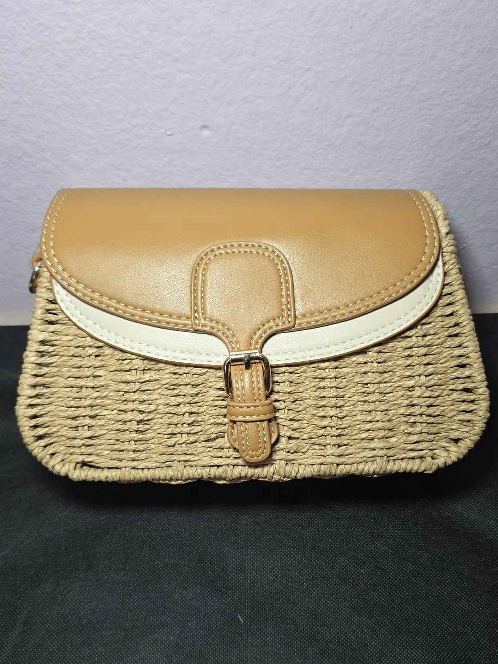 Woven Straw Crossbody Bag with Tan Leather Trim
